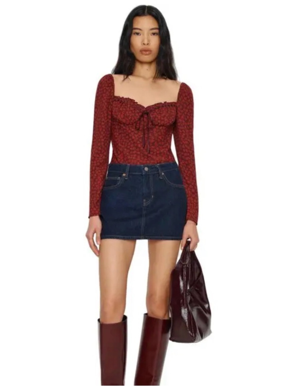 Reformation Red Floral Long Sleeve Tie Front Top Size 6